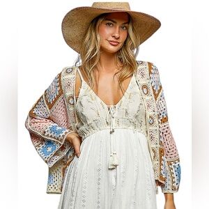 POL COMING SOON Pink, Ivory, Brown Crochet Granny Square Open Knit Cardigan.